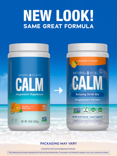 Natural Vitality Calm Magnesium Supplement in orange flavor, 16 oz (453g) with updated packaging.