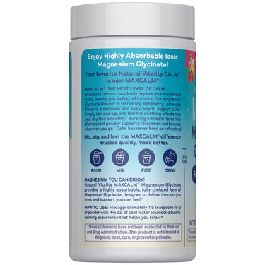 NV MaxCalm Magnesium Glycinate 5oz Powder, Raspberry Lemonade flavor. Enjoy highly absorbable ionic magnesium glycinate.