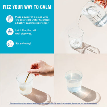 An adult's hands mix water with fizzy magnesium powder, preparing a refreshing drink by stirring the contents.