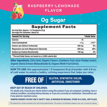 Supplement Facts panel detailing MaxCalm Magnesium Glycinate Powder contents.