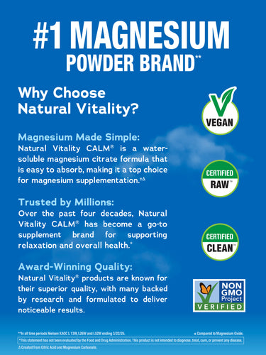 Infographic states '#1 Magnesium Powder Brand', Vegan, Certified Raw, Certified Clean, Non-GMO Project Verified.