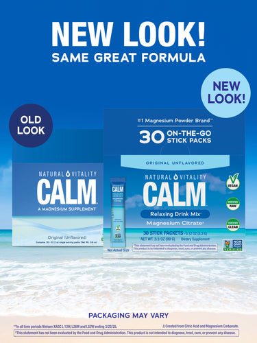 NV Calm Original Unflavored 30 Stick Packs displaying old and new packaging. Contains Magnesium Citrate Relaxing Drink Mix.