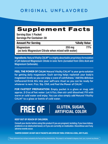 This image shows the Supplement Facts panel for NV Calm Original Unflavored, which includes 30 stick packs.