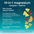 Product highlights graphic stating 10-in-1 Magnesium Complex for relaxation & balance, Easy-to-Mix fruit punch powder, From #1 Magnesium Powder Brand**