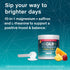 MAXCALM 10 10-in-1 Magnesium + Happy Saffron Fizzy Fruit Punch 180g powder with scoop and fruit pieces.