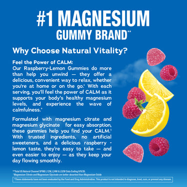 Product highlights graphic stating #1 Magnesium Gummy Brand, supporting CALM, promoting healthy magnesium, and easy absorption.