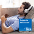 Man relaxing on couch with headphones and phone, next to Natural Vitality Calm.