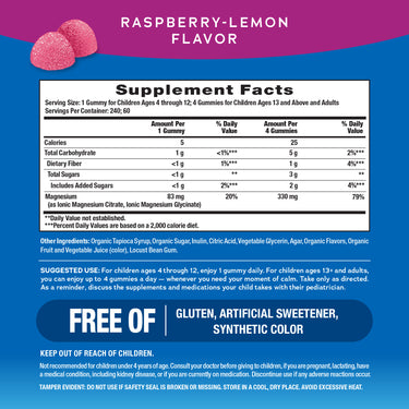 Supplement Facts panel showing details for NV Calm Rasp Lemon with 240 gummies.