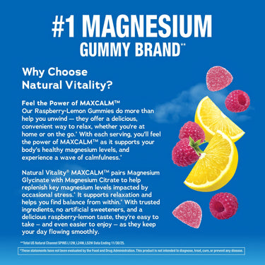 Product highlights graphic stating #1 Magnesium Gummy Brand, MAXCALM™ Gummies for calmness, relaxation, balance, and magnesium levels.