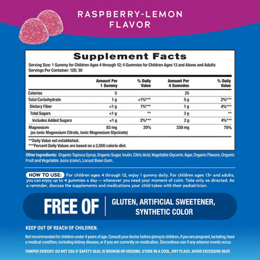 Supplement Facts for Calm Raspberry Lemon 120 Gummies.