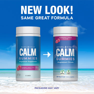 NV Calm Rasp-Lemon 120 Gummies with new packaging. Same formula: Magnesium Citrate, Vegan, Gluten Free.