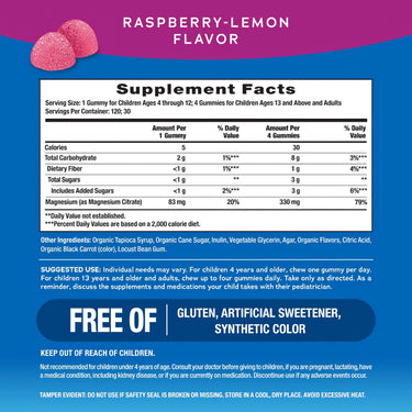 Supplement Facts panel for NV Calm Raspberry Lemon flavored 120 Gummies.