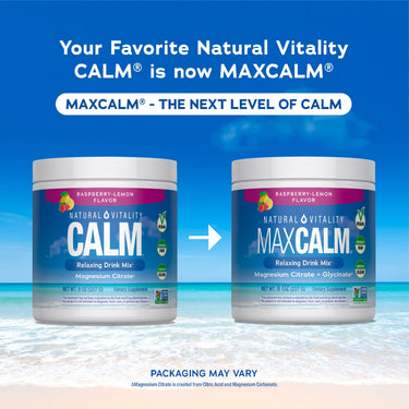 Natural Vitality CALM Raspberry-Lemon Drink Mix updates to MAXCALM with Magnesium Citrate and Glycinate.