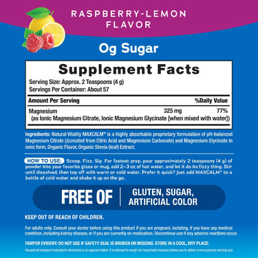 Supplement Facts panel for NV Calm Raspberry Lemon 8 oz (226 g).