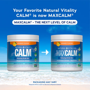 Natural Vitality CALM and MAXCALM orange-flavored magnesium drink mix powders in 8 oz tubs for relaxation.
