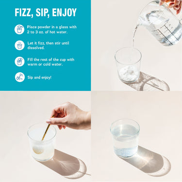 Hands preparing a fizzy Calm Plus Calcium drink following the instructions: Fizz, Sip, Enjoy!