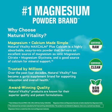 Infographic showing #1 Magnesium Powder with Magnesium + Calcium. Trusted, award-winning quality. Certified RAW, CLEAN, Non-GMO.