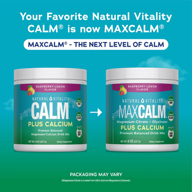 Natural Vitality CALM Plus Calcium transitioning to MAXCALM Plus Calcium, Raspberry-Lemon flavor, 8 oz powder.