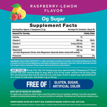 Supplement Facts panel for Calm Plus Calcium Raspberry Lemon, 8 oz (226 g) bottle.