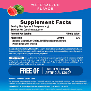 Supplement Facts panel for NV Calm Watermelon, 8 oz (226 g) bottle.