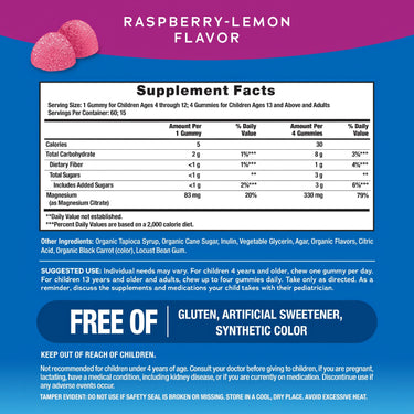 Supplement Facts for NV Calm Raspberry-Lemon Gummies 3 Pack, detailing nutritional information.