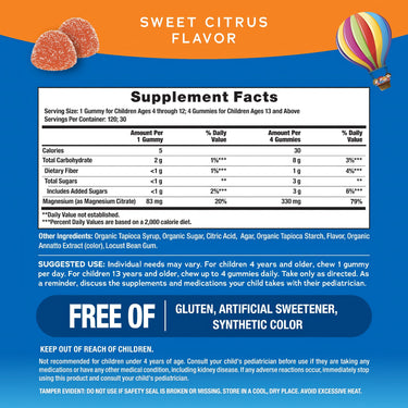Supplement Facts panel for NV Kids Calm Orange flavor, 120 gummies, providing nutritional details and daily value percentages.