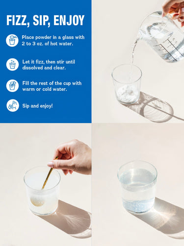 Person's hands showing how to make NV Calm Orange Powder drink, featuring graphic header 'FIZZ, SIP, ENJOY'.