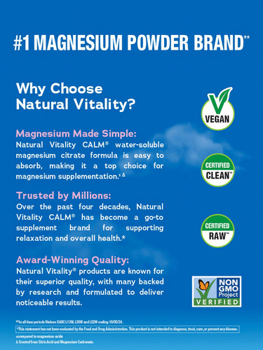 Infographic stating #1 Magnesium Powder Brand. Easy absorption, relaxation, award-winning. Vegan, Certified Clean, Raw, Non-GMO.