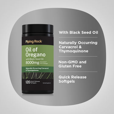 Product highlights graphic stating With Black Seed Oil, Naturally Occurring Carvacrol & Thymoquinone, Non-GMO, Gluten Free Softgels.
