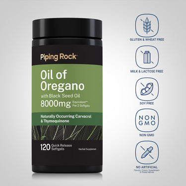 Oregano Blackseed Oil bottle with icons indicating gluten, wheat, milk, lactose, soy free, non-GMO, no artificial flavors/colors.