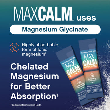 Product highlights graphic stating MAXCALM has Magnesium Glycinate, Ionic magnesium¹, and Chelated Magnesium for absorption¹.