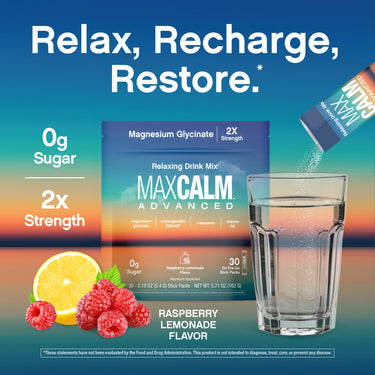 MAXCALM ADVANCED Raspberry Lemonade Flavor Magnesium Glycinate 2X Strength with 0g Sugar in 30 convenient on-the-go stick packs.