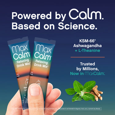 Max Calm Raspberry Lemonade Relaxing Drink Mix packs with KSM-66 Ashwagandha and L-Theanine displayed.