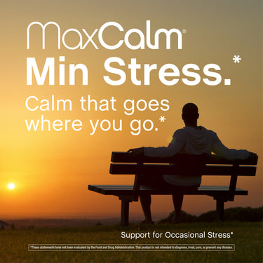 Adult man silhouetted on a bench at sunset, looking over a field, featuring Max Calm product messaging.