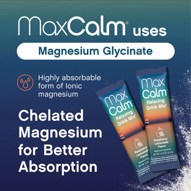 Max Calm Raspberry Lemonade Relaxing Drink Mix packs with Magnesium Glycinate for improved absorption.