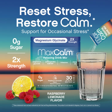 MaxCalm Magnesium Glycinate Drink Mix, Raspberry-Lemonade Flavor, 30 Stick Packs, NET WT. 5.71 OZ (162 G).