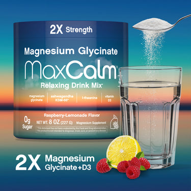 MaxCalm Magnesium Glycinate 2X Strength Relaxing Drink Mix in Raspberry-Lemonade Flavor, NET WT. 8 OZ (227 G).