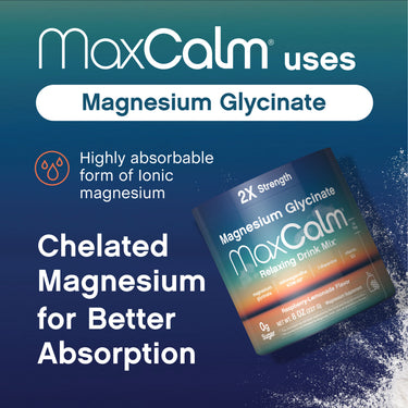 MaxCalm Magnesium Glycinate Relaxing Drink Mix, 8 OZ (227 G) powder in a jar. A calming supplement for stress relief.