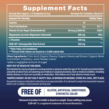 Supplement Facts for PB Max Calm Jar, 8 oz showing nutritional details and ingredients.