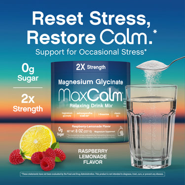 Magnesium Glycinate MaxCalm Drink Mix, Raspberry-Lemonade, 8 oz jar. 0g Sugar, double strength, relaxing formula.