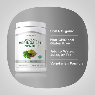 Product highlights graphic stating USDA Organic, Non-GMO and Gluten Free, Add to Water, Juice, or Tea, Vegetarian Formula. Piping Rock Organic Moringa Leaf Powder, Unflavored bottle shown.