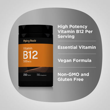 Graphic stating High Potency Vitamin B12 Per Serving, Essential Vitamin, Vegan Formula, Non-GMO and Gluten Free, with Piping Rock Vitamin B12 500 mcg bottle