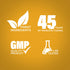 Graphic stating Finest Ingredients, 45 Years of Manufacturing, GMP Quality Product, Lab Tested