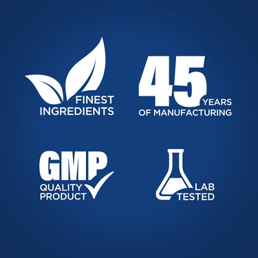 Graphic stating Finest Ingredients, 45 Years of Manufacturing, GMP Quality Product, Lab Tested