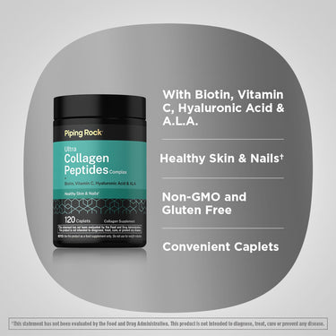 Product highlights graphic stating Biotin, Vitamin C, Hyaluronic Acid, A.L.A., Healthy Skin & Nails⁺, Non-GMO, Gluten Free, Caplets.