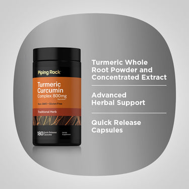 Product highlights graphic stating Turmeric Whole Root Powder and Concentrated Extract, Advanced Herbal Support, Quick Release Capsules