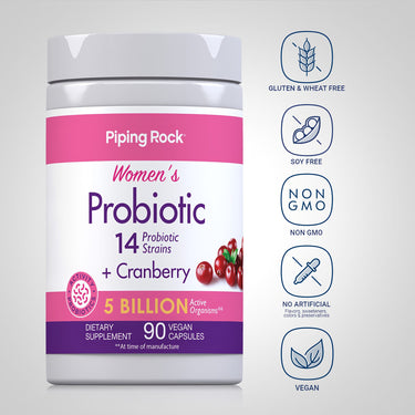 Women's Probiotic bottle with icons indicating Gluten & Wheat Free, Soy Free, Non GMO, No Artificial Flavors/Sweeteners/Colors/Preservatives, Vegetarian.