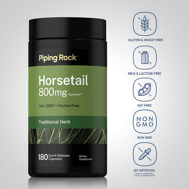 Horsetail bottle with icons indicating Gluten & Wheat Free, Milk & Lactose Free, Soy Free, Non GMO, No Artificial Flavors/Sweeteners/Colors/Preservatives