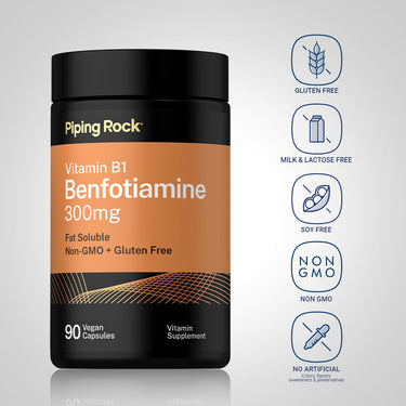 Piping Rock Benfotiamine 300mg bottle with icons indicating Gluten Free, Milk & Lactose Free, Soy Free, Non GMO, No Artificial Colors, flavors, sweeteners & preservatives
