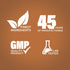 Graphic stating Finest Ingredients, 45 Years of Manufacturing, GMP Quality Product, Lab Tested